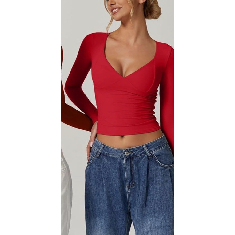 QINSEN Women's Long Sleeve V-Neck Double Lined Crop Top, Seamed Cups Red Size XS - Picture 5 of 8